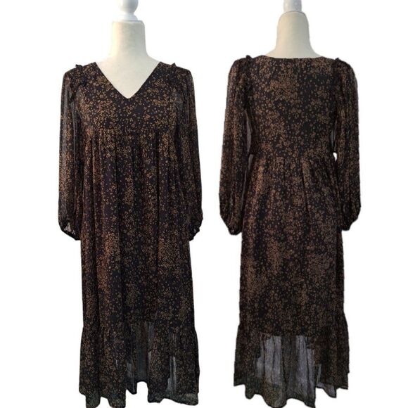 Mittoshop Dark Floral Midi Tiered Dress Balloon Sleeves Shimmer Gold Dark Small - Picture 1 of 9